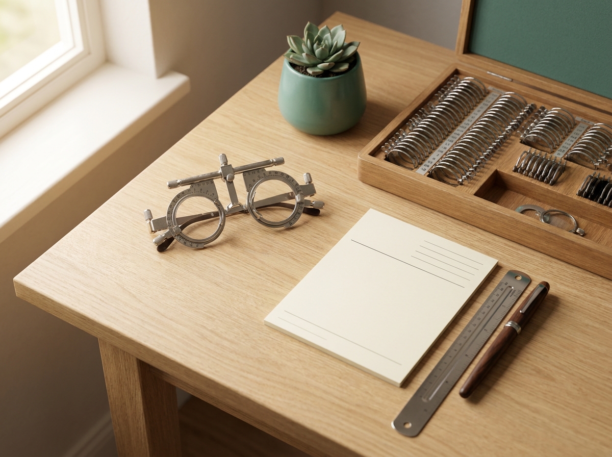 Monture d'essai d'opticien avec verres progressifs interchangeables posée sur un carnet de prescription en gros plan sur un bureau en bois clair