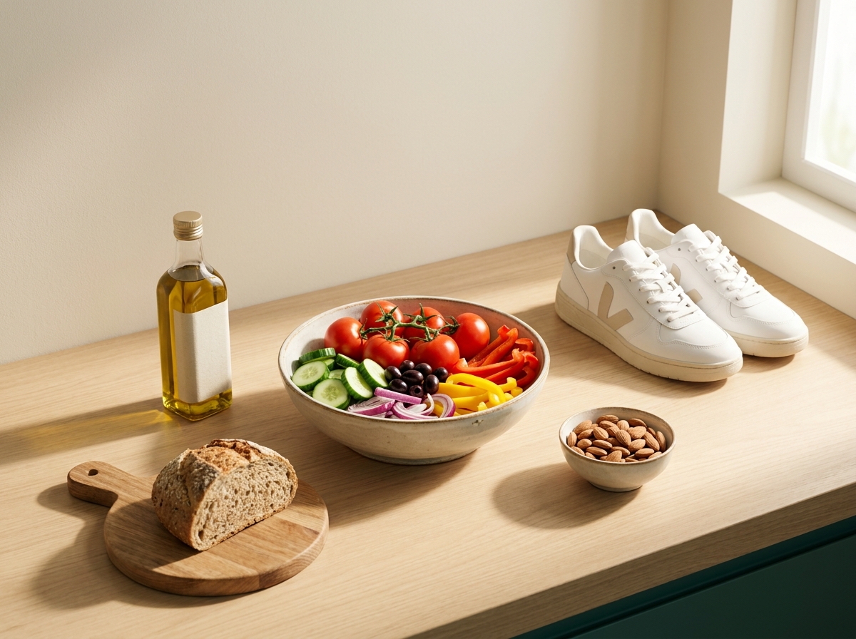 Vue still-life en plongée d'un plan de travail de cuisine avec un saladier en céramique contenant des légumes frais (tomates, concombre, poivrons, oignon rouge, olives noires), un bocal d'huile d'olive avec une étiquette neutre, du pain complet, un petit bol d'amandes, une paire de baskets neuves posée à côté en clin d'œil, lumière naturelle douce d'une fenêtre latérale, atmosphère engagée et bienveillante