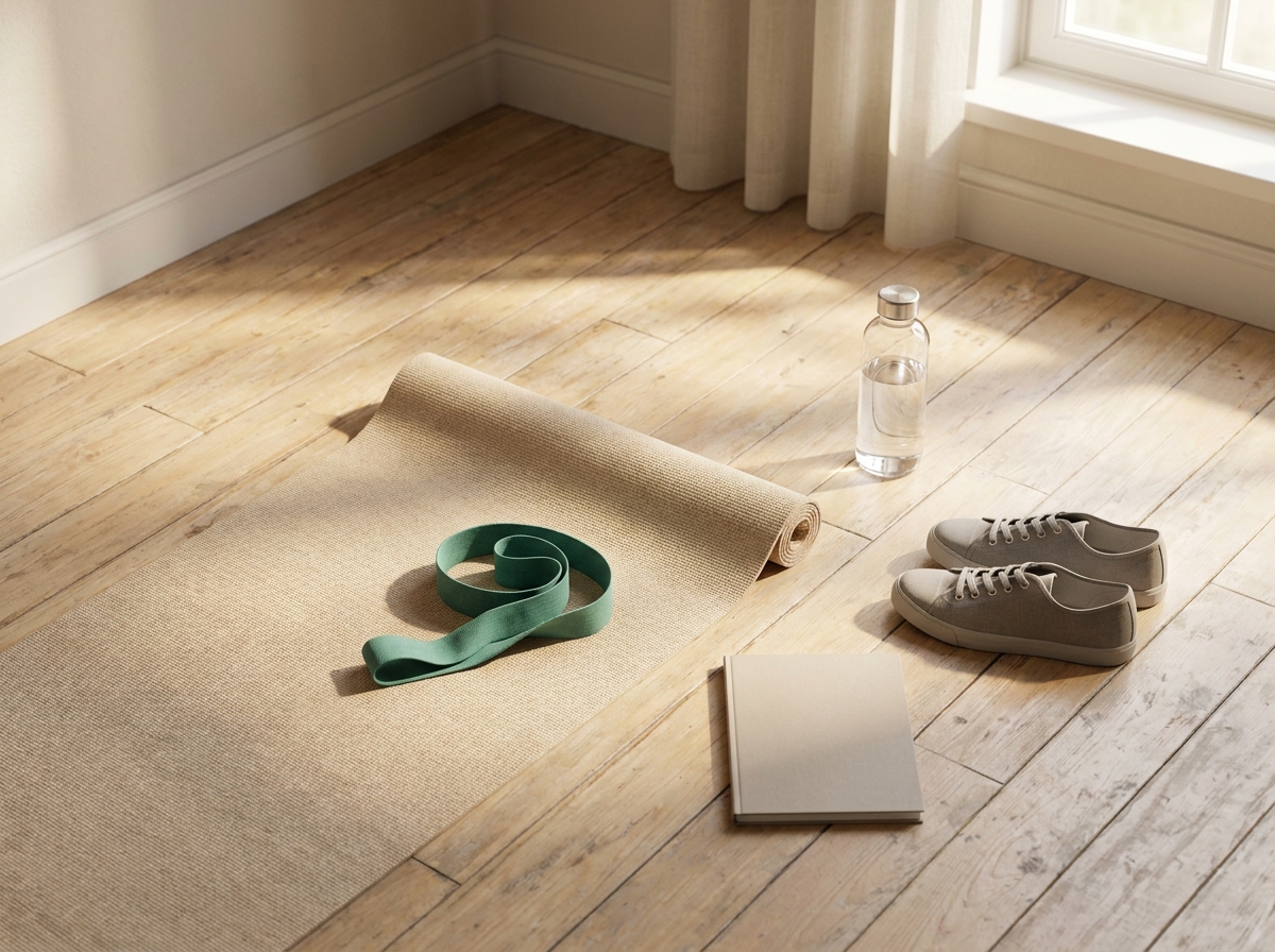 Vue still-life en plongée d'un coin salon avec un tapis de yoga déroulé au sol, un élastique de rééducation enroulé sur le tapis, une bouteille d'eau pleine en verre, une paire de baskets de sport neutres posée à côté, un livret d'exercices fermé, lumière naturelle douce de matin, parquet clair, atmosphère engagée d'une routine d'activité physique à domicile