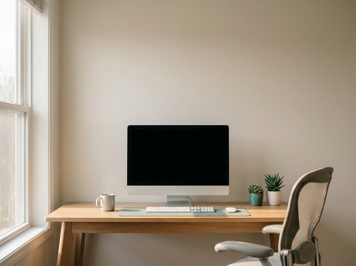 Vue still-life d'un bureau soigné avec un écran d'ordinateur à hauteur des yeux, un clavier et une souris posés bien centrés sur un sous-main, une chaise de bureau ergonomique vide, une tasse de café fumante, des plantes vertes, lumière naturelle douce d'une fenêtre latérale, atmosphère professionnelle et apaisée