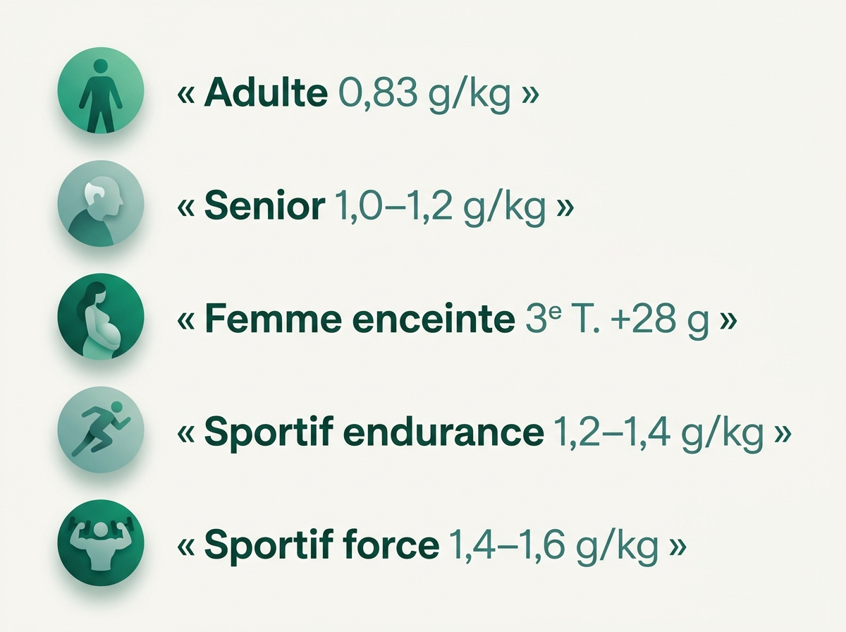 Infographie des besoins journaliers en protéines par profil : adulte sédentaire, senior, femme enceinte, sportif endurance, sportif force