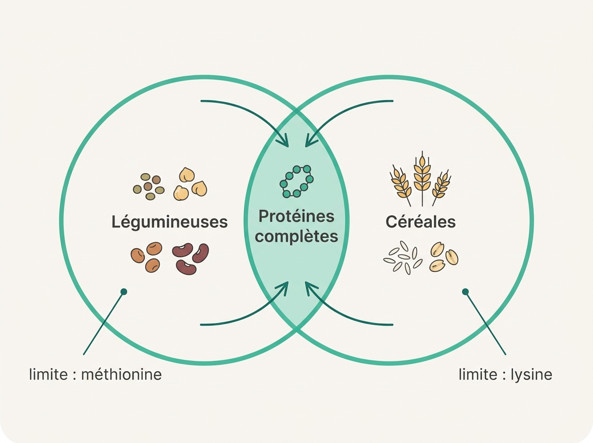 Schéma de complémentarité des protéines végétales : légumineuses + céréales, acides aminés limitants compensés
