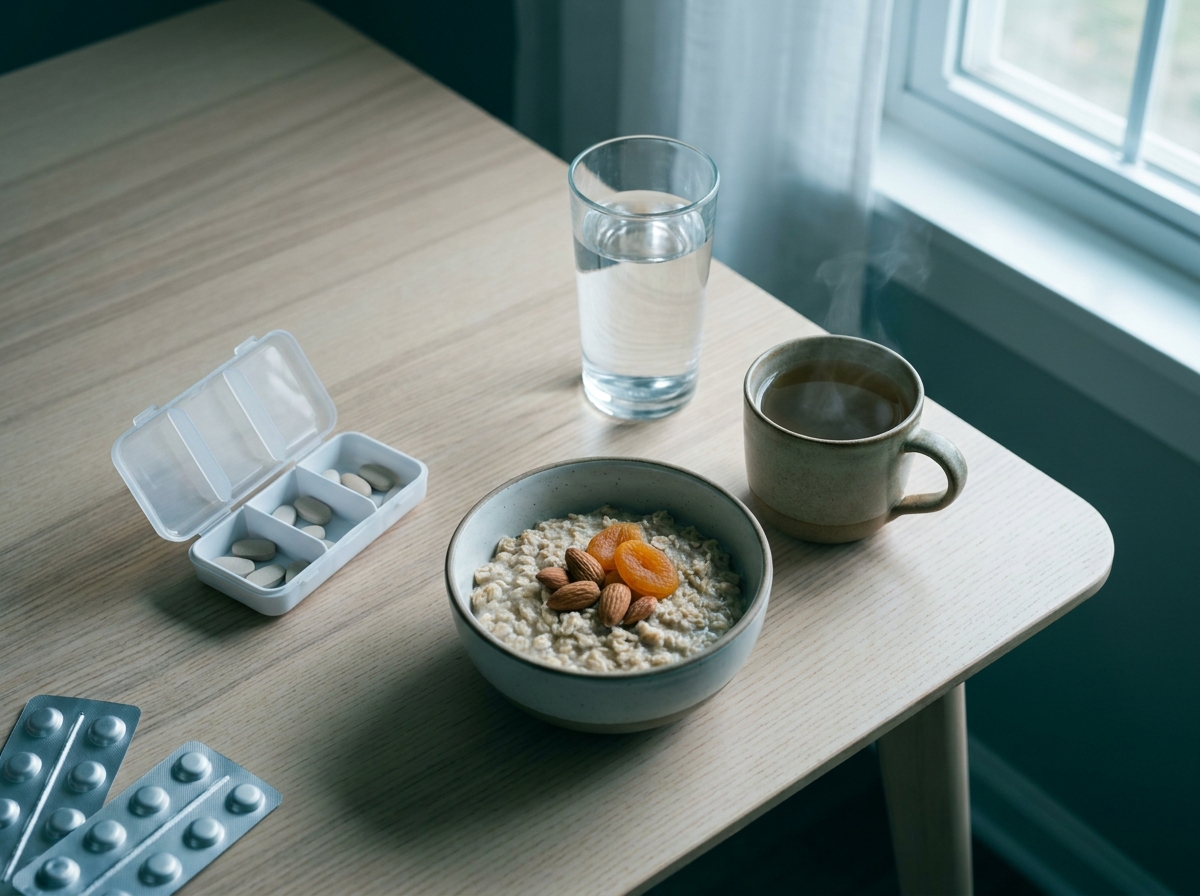 Vue still-life en plongée d'un coin de table de cuisine en bois clair avant l'aube avec un pilulier hebdomadaire ouvert, deux plaquettes pharmaceutiques anonymes, un grand verre d'eau, un bol de flocons d'avoine avec quelques amandes et morceaux de fruits secs, une tasse de tisane fumante, lumière douce bleutée d'avant l'aube par une fenêtre, atmosphère paisible avant le début du jeûne diurne