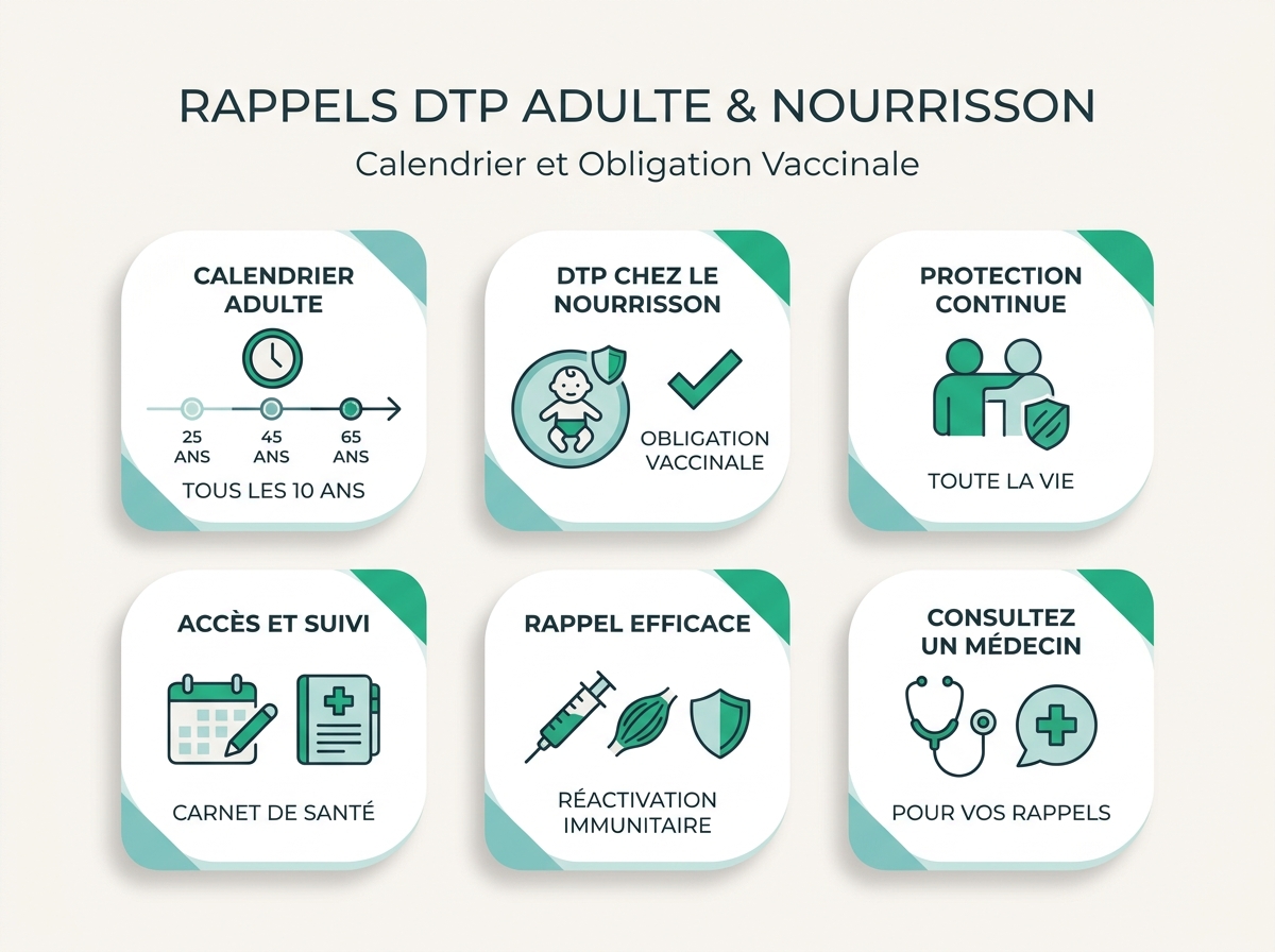 Infographie illustrant les points clés de la section « DTP chez le nourrisson : obligation vaccinale »