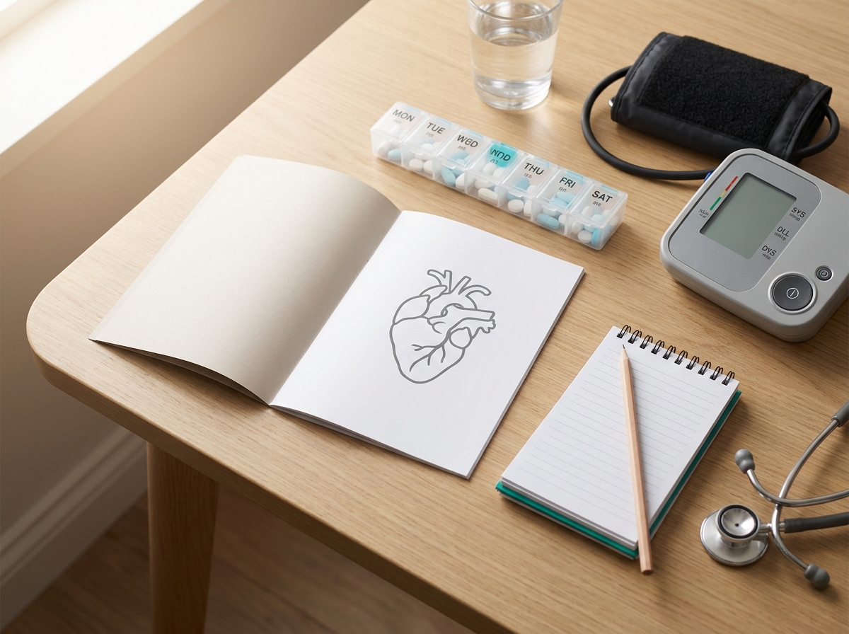 Table de consultation en éducation thérapeutique avec livret patient ouvert sur les signes d'alerte cardiaques, pilulier hebdomadaire, tensiomètre et carnet d'automesure