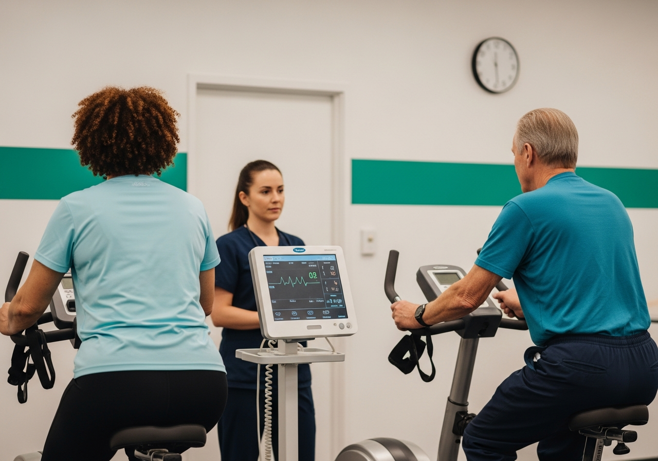 Salle de réadaptation cardiaque équipée de vélos ergomètres avec patients en plein effort surveillé par cardiofréquencemètre
