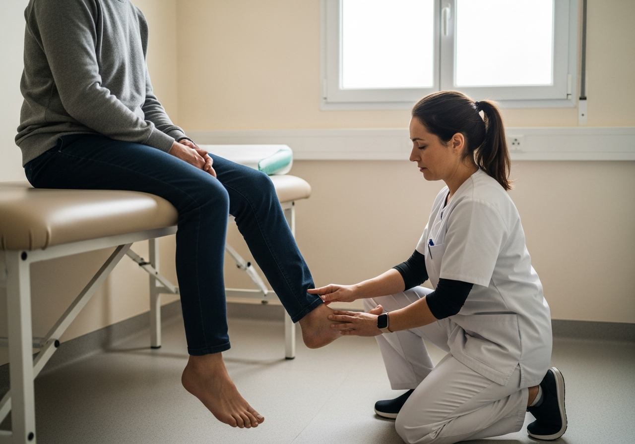 Médecin réalisant un examen neurologique du membre inférieur d'un patient — test de la force motrice, recherche de déficit