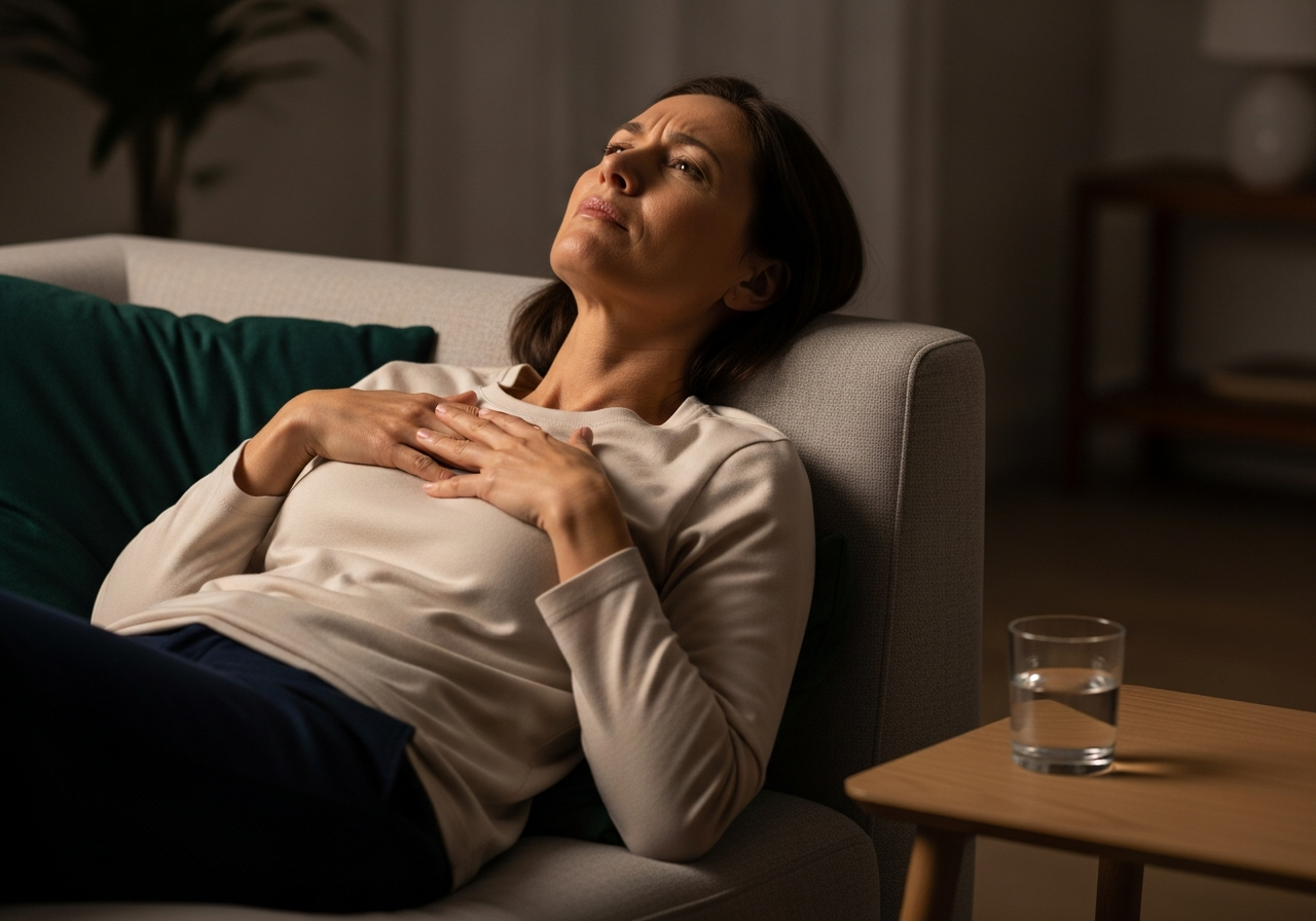 Femme adulte allongée sur un canapé après le dîner, inconforts digestifs, typique du reflux post-prandial