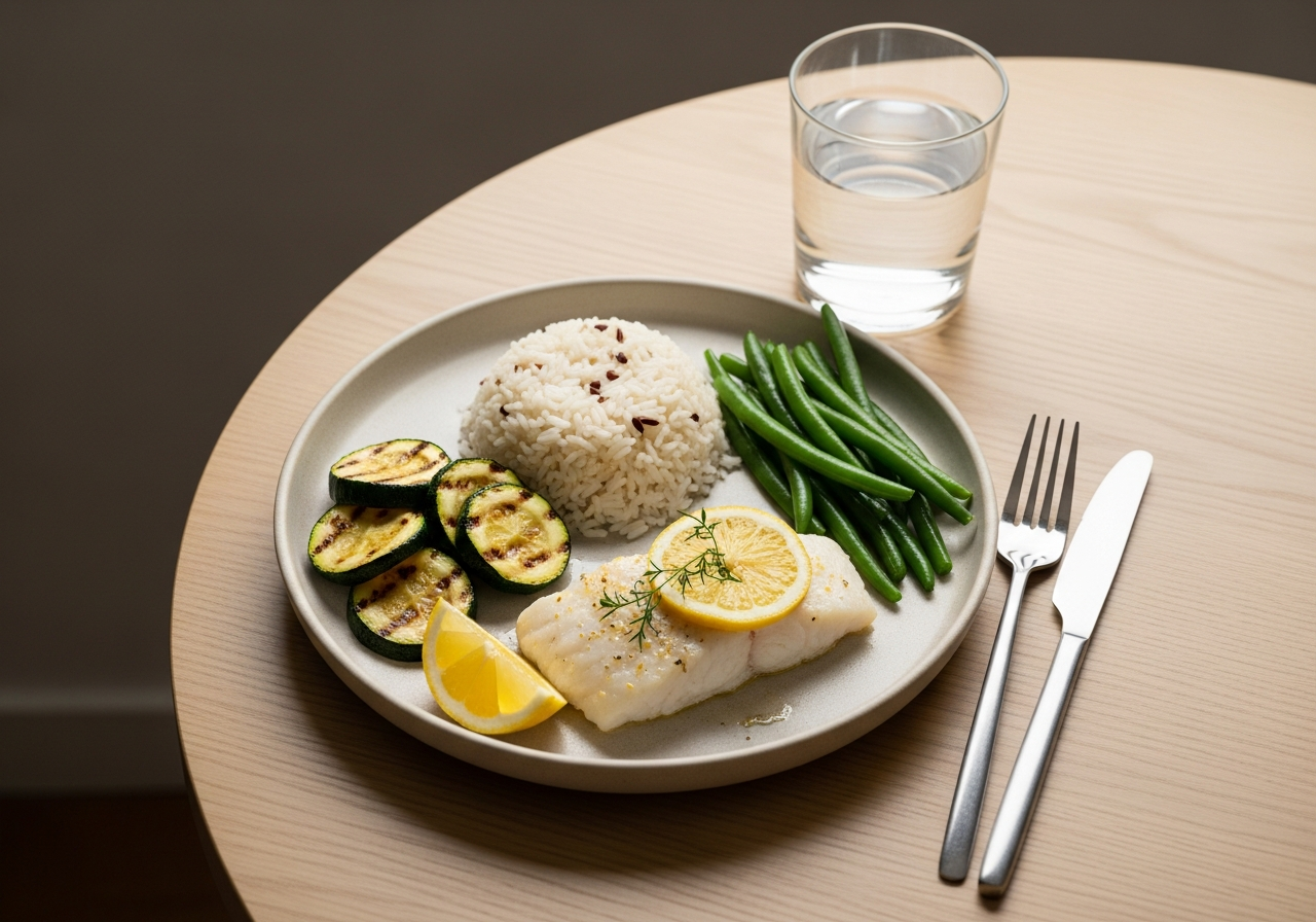 Assiette légère anti-reflux : filet de poisson blanc vapeur, riz basmati, courgettes grillées, citron