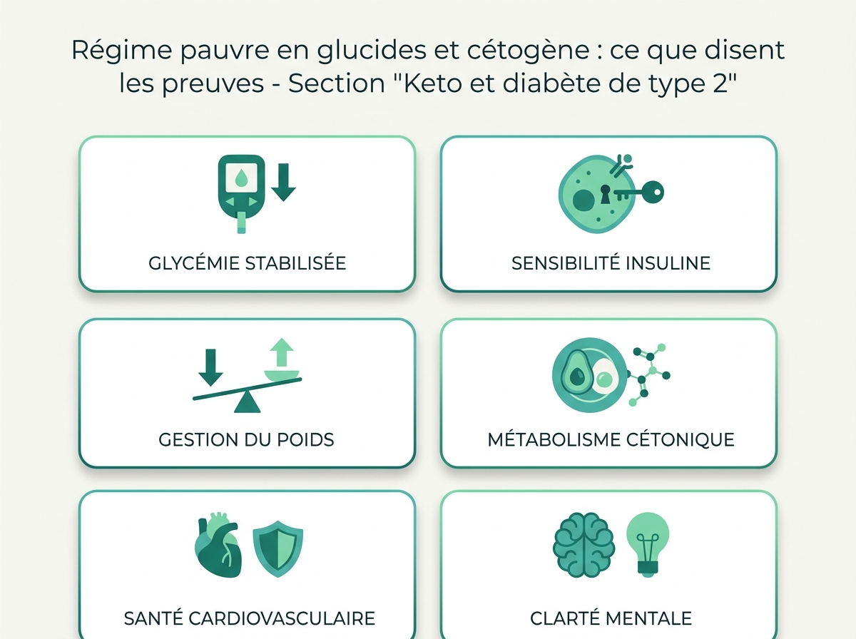Infographie illustrant les points clés de la section « Keto et diabète de type 2 »