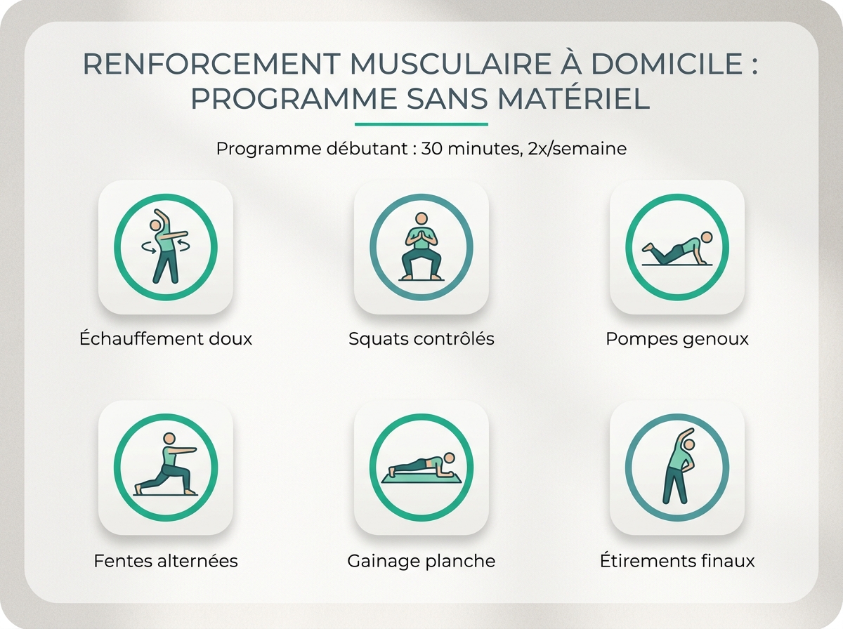 Infographie illustrant les points clés de la section « Programme débutant : 30 minutes, 2x/semaine »