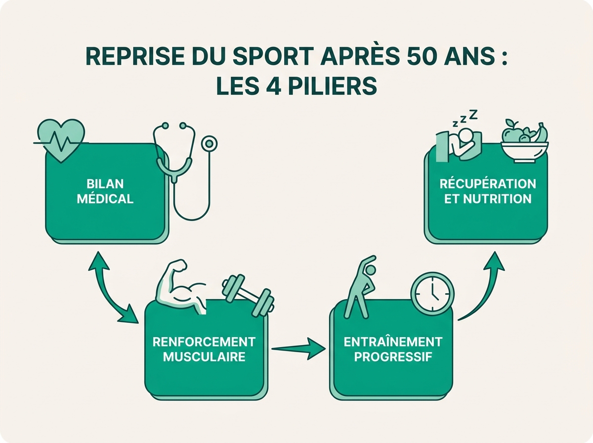 Schéma médical illustrant « Les 4 piliers d'une reprise intelligente »