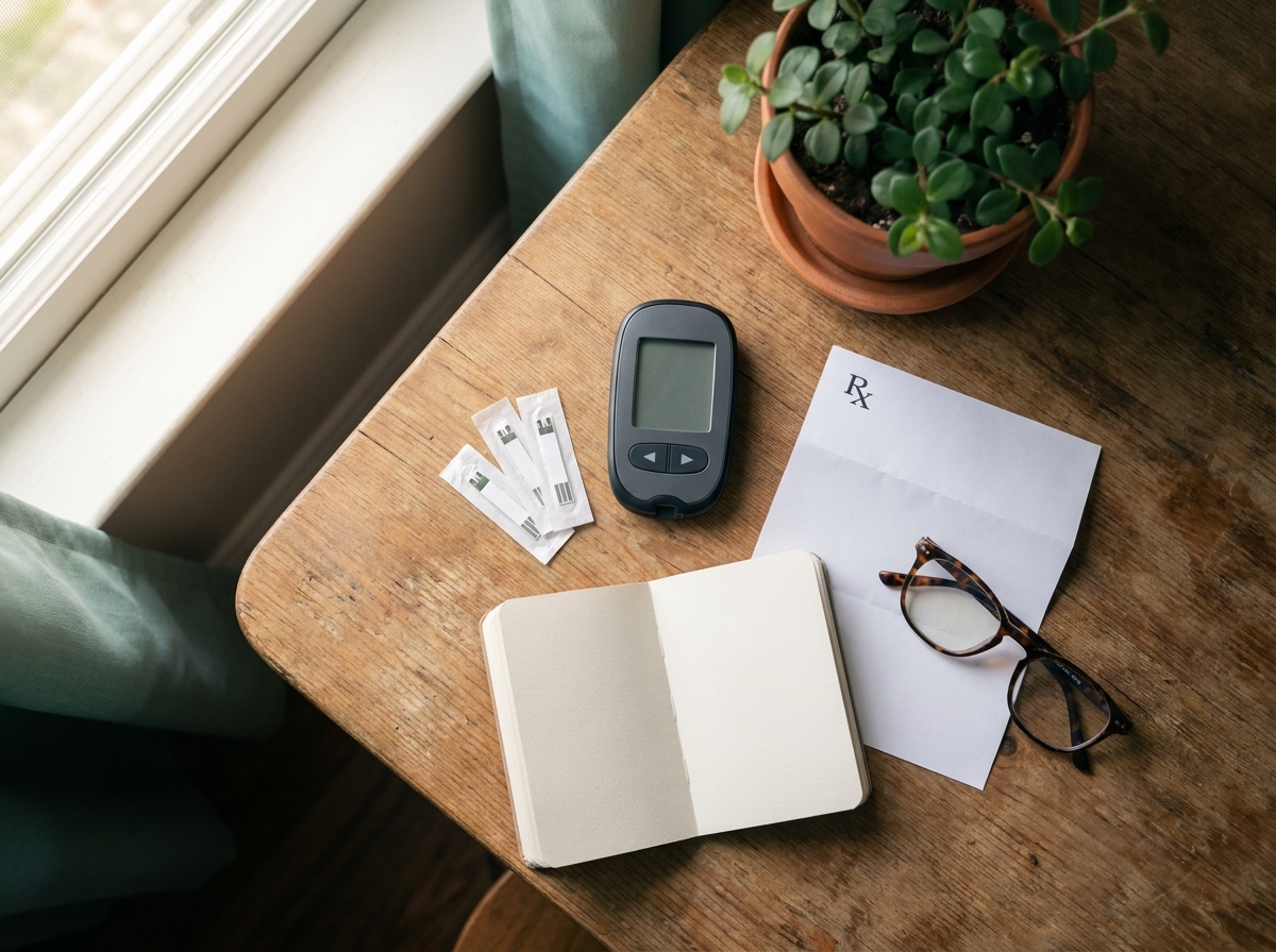 Composition still-life : lecteur de glycémie capillaire avec bandelettes, carnet d'autosurveillance ouvert, ordonnance pliée, paire de lunettes — équilibre glycémique et bilan annuel partagés