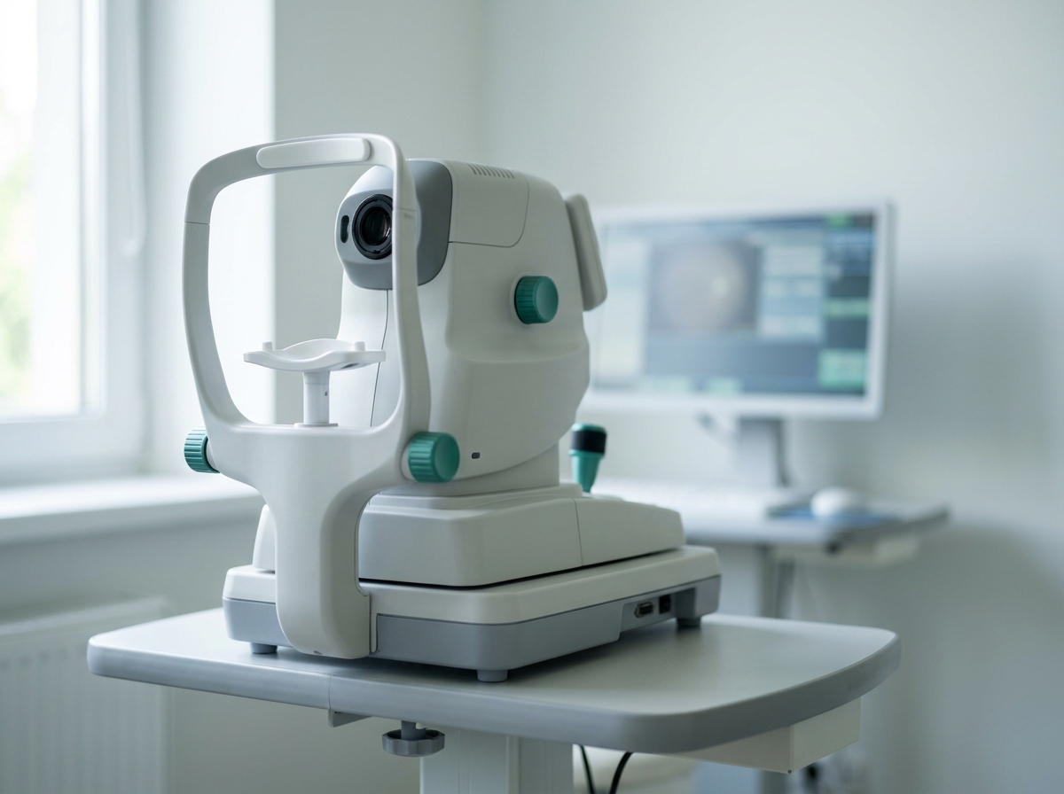 Détail clinique : rétinographe non mydriatique posé sur sa table d'examen, mentonnière propre prête à recevoir un patient, écran de revue d'images rétiniennes flou en arrière-plan