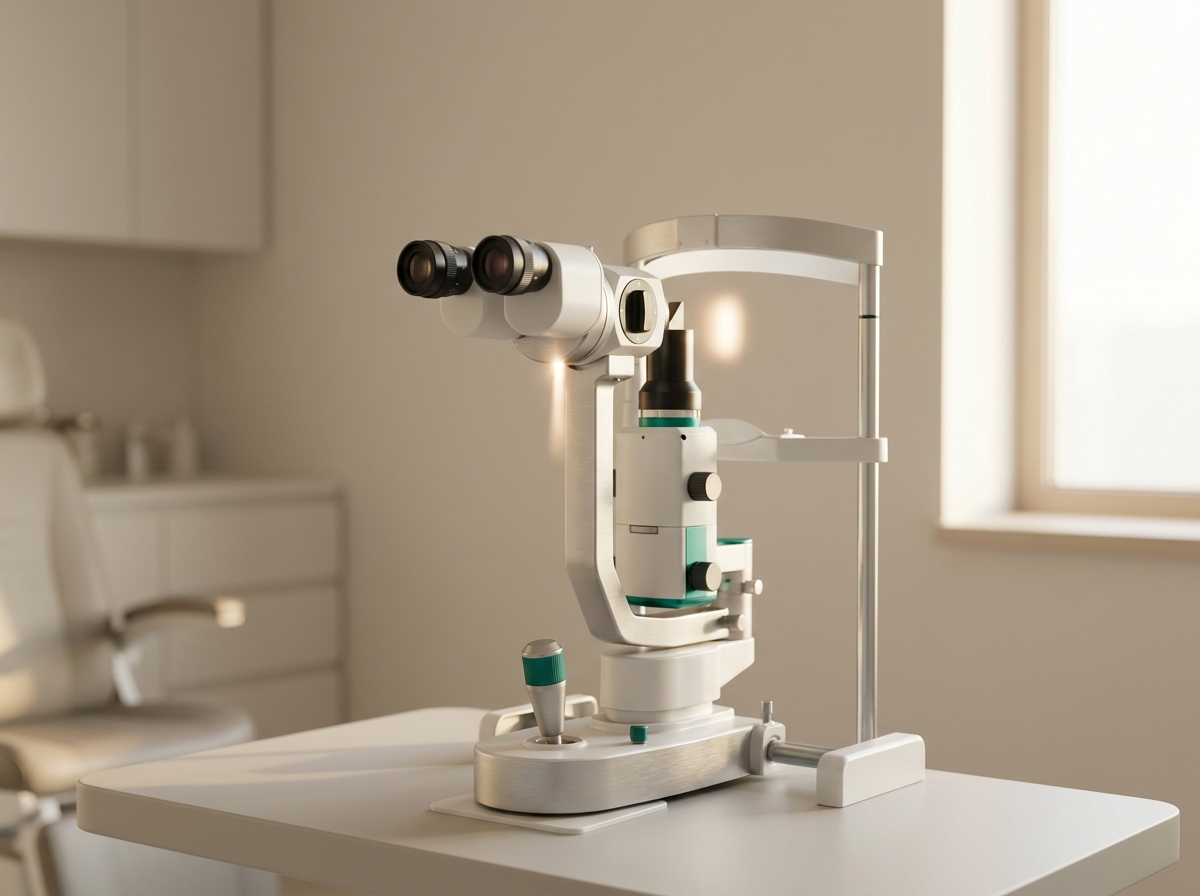 Vue macro d'un binoculaire de lampe à fente d'ophtalmologie en gros plan, optiques argentées et éclairage central allumé, sur fond neutre d'un cabinet médical, aucun visage visible