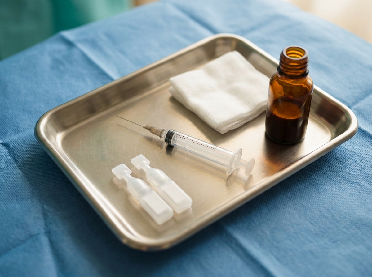 Vue macro d'un plateau stérile contenant une seringue préparée pour injection intravitréenne, deux unidoses d'anesthésique en collyre, compresses stériles, povidone iodée dans un flacon, fond bleu clinique, aucun visage