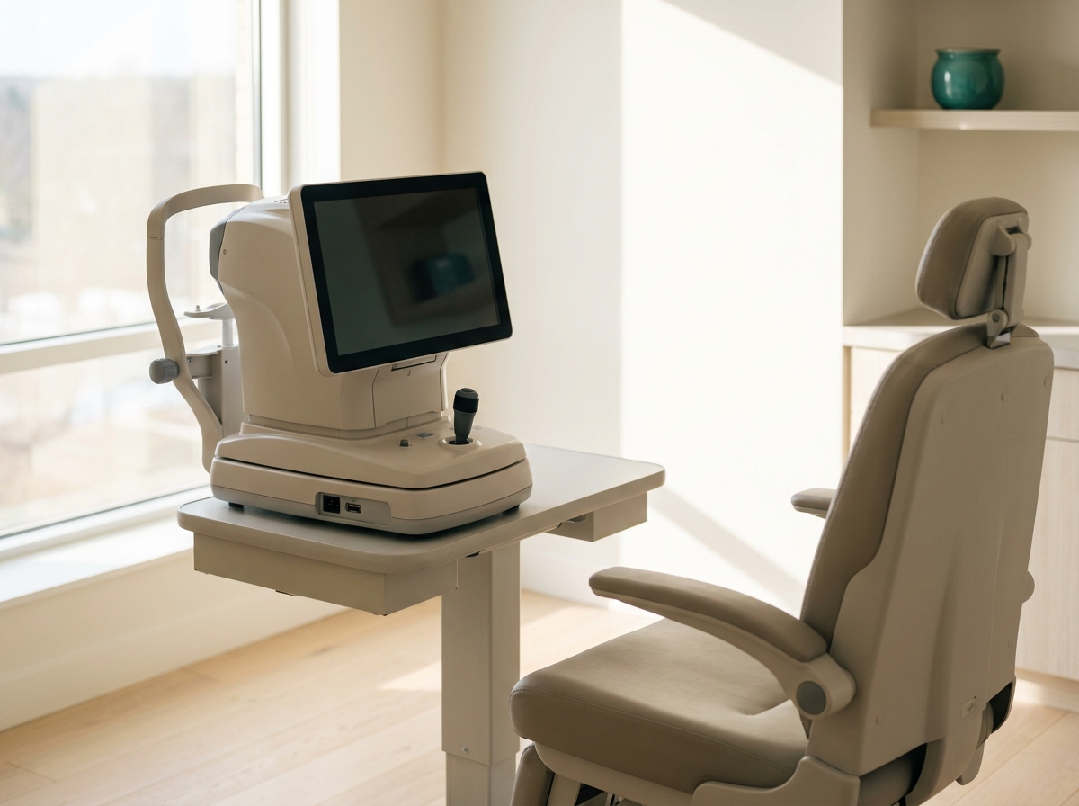 Vue d'un appareil OCT (Tomographie par Cohérence Optique) dans un cabinet d'ophtalmologie, console grise et écran abstrait, fauteuil patient vide, lumière naturelle douce, aucun visage visible