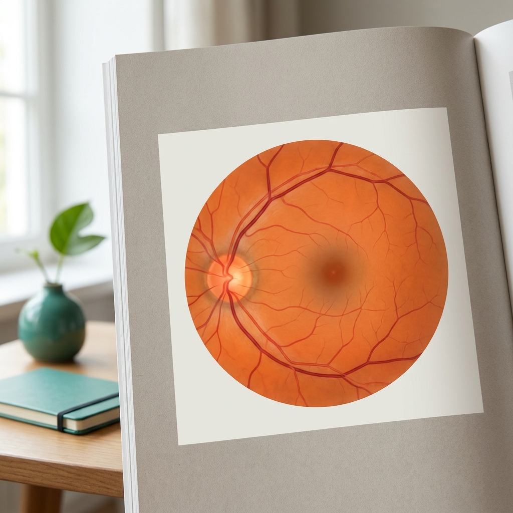 Vue d'artiste d'un fond d'œil normal, sain — papille optique ronde et nette, vaisseaux rétiniens artériels rouge vif et veineux rouge sombre bien définis, rétine orangée homogène sans anomalie, macula sombre centrée