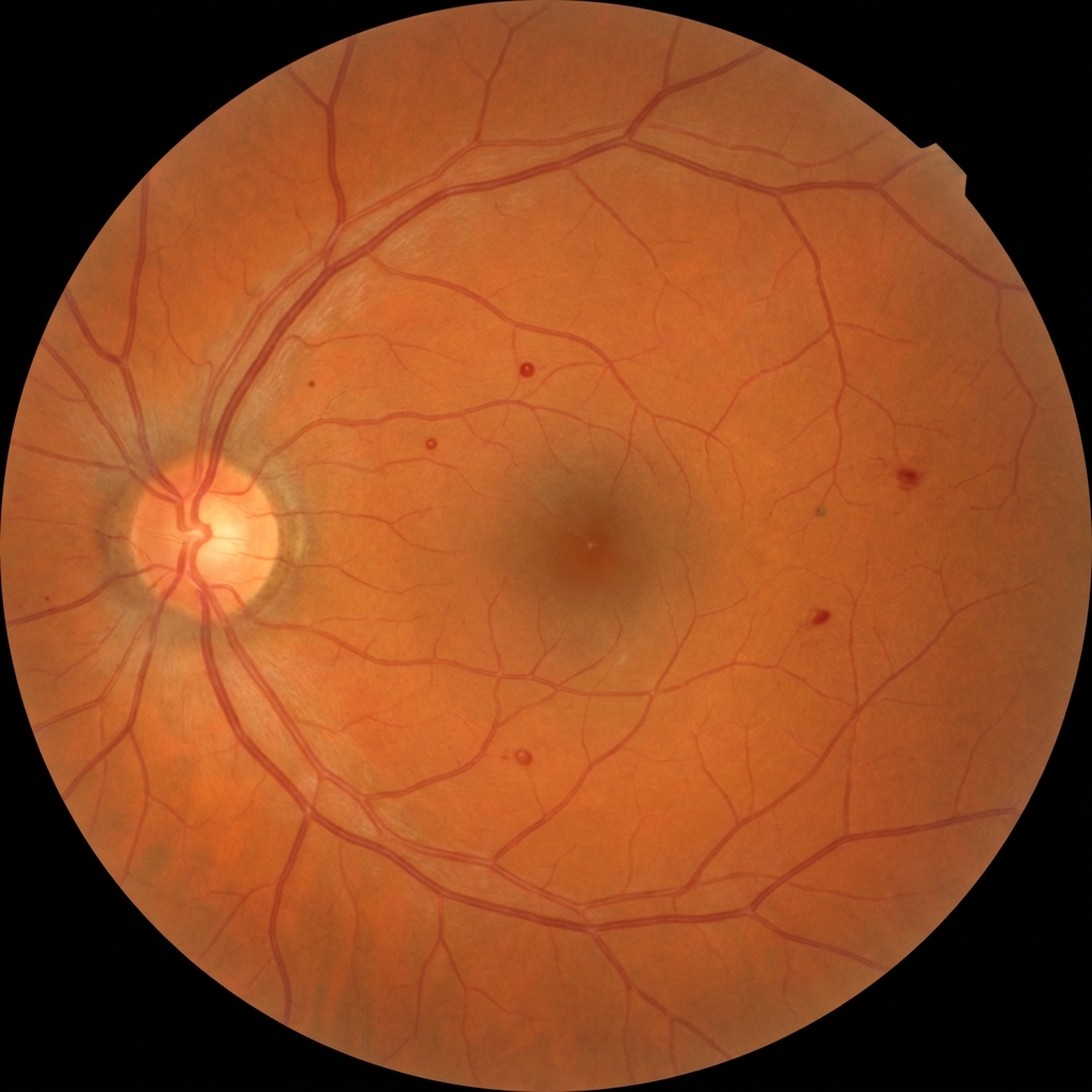 Vue d'artiste d'un fond d'œil avec rétinopathie diabétique non proliférante minime — quelques petits microanévrysmes rouges isolés et une ou deux microhémorragies punctiformes en périphérie, sinon rétine d'aspect normal