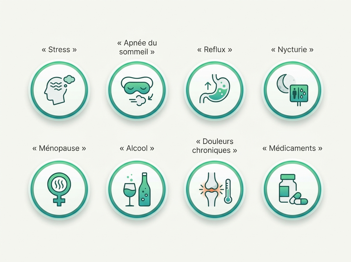 Infographie des huit causes les plus fréquentes de réveils nocturnes : stress, apnée, reflux, nycturie, ménopause, alcool, douleurs, médicaments