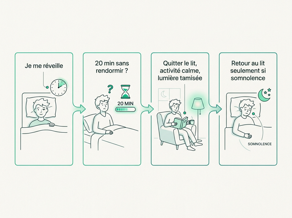 Schéma de décision : que faire en cas de réveil nocturne — attendre 20 minutes, se lever, activité calme, revenir au lit avec somnolence