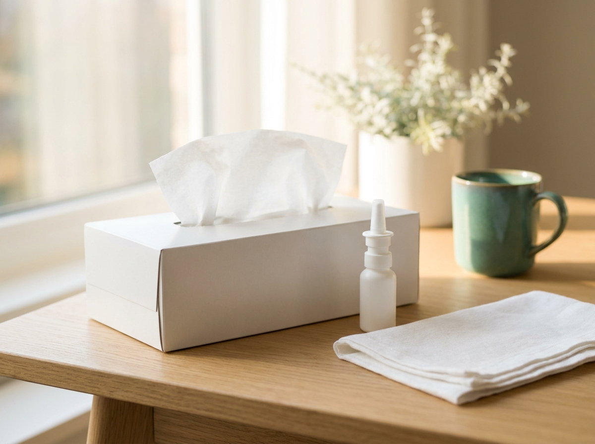 Vue rapprochée d'une boîte de mouchoirs en papier blanc générique posée sur une table claire à côté d'un petit flacon de spray nasal sans marque, lumière naturelle douce