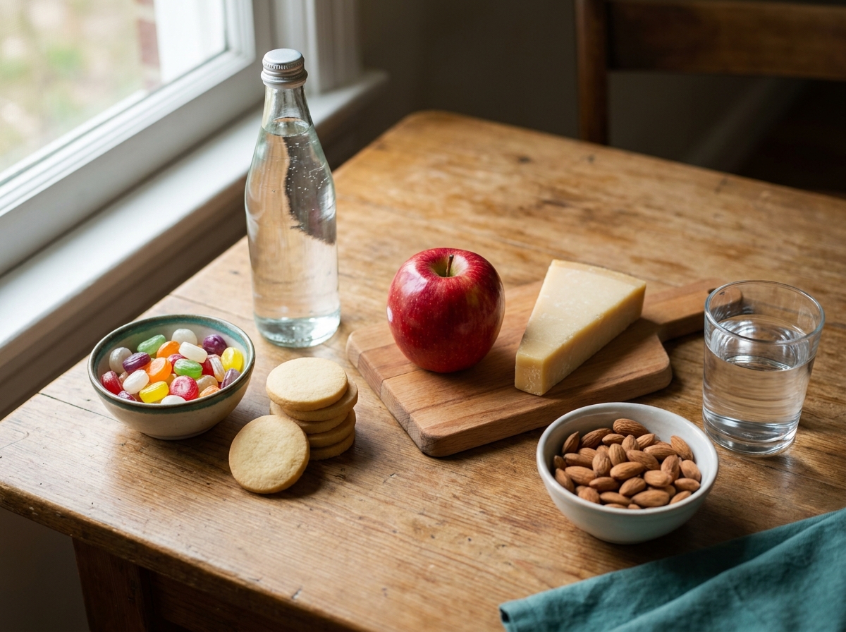 Sélection d'aliments à risque carieux — bonbons, biscuits, sodas — à côté d'une pomme, d'un verre d'eau et d'un bol de fromage en gros plan