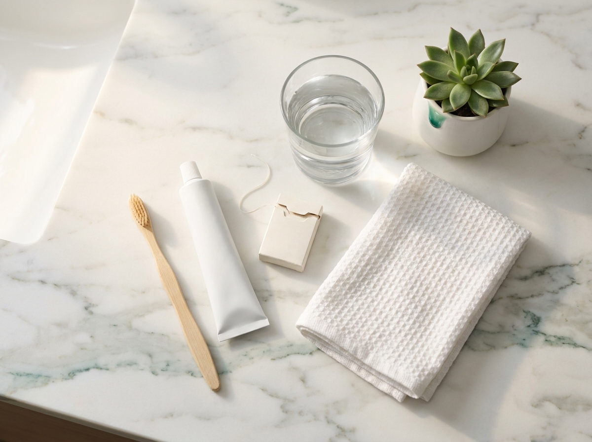 Brosse à dents à poils souples, tube de dentifrice fluoré, fil dentaire et gobelet en céramique disposés sur un plan de salle de bain en marbre