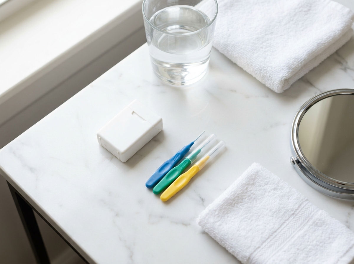 Boîte de fil dentaire et brossettes interdentaires de différents diamètres disposées sur un plan de salle de bain avec un verre et une serviette