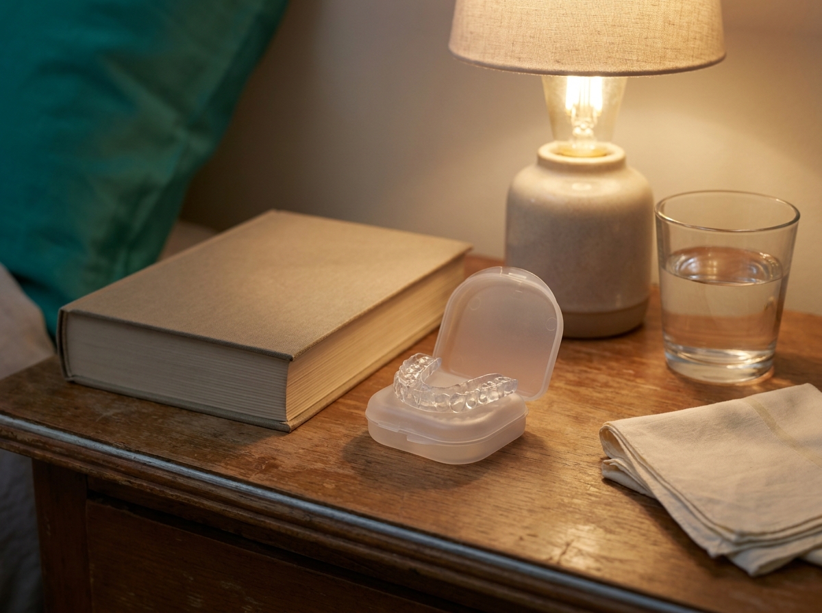 Gouttière occlusale transparente rangée dans son étui sur une table de chevet avec lampe, livre fermé et verre d'eau dans une ambiance nocturne tamisée