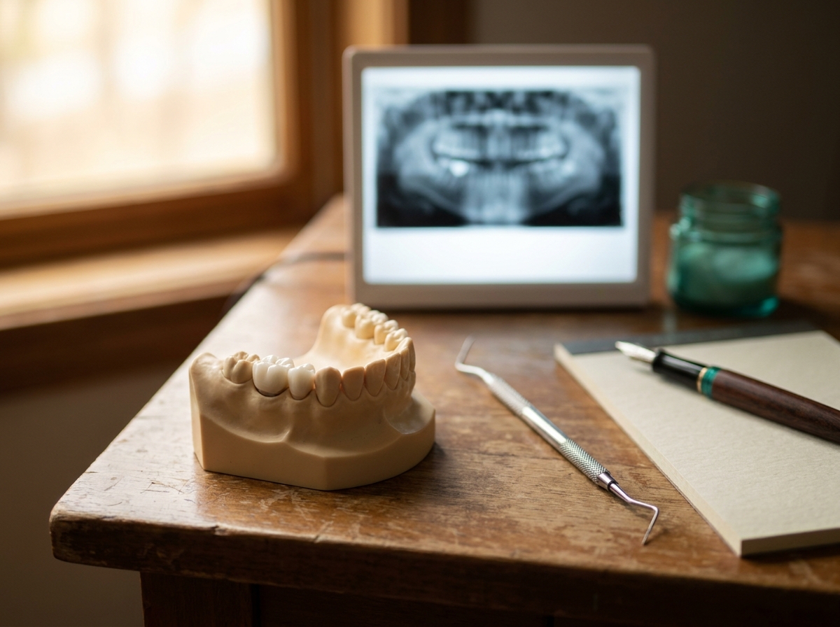 Modèle pédagogique en résine représentant un implant dentaire en titane avec sa couronne posé sur un bureau à côté d'une radiographie panoramique et d'un stylo