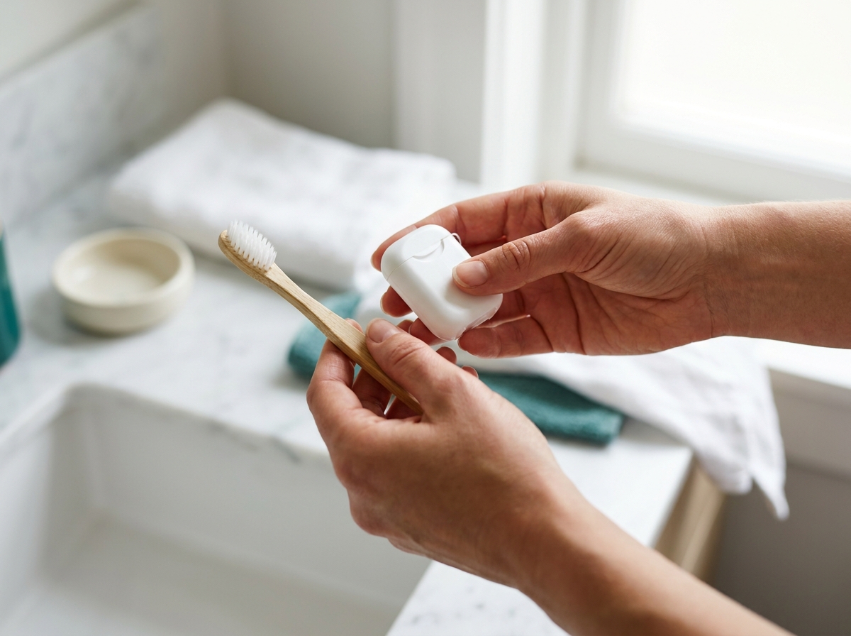 Gros plan macro d'une paire de mains de femme tenant une brosse à dents souple à manche clair et une boîte de fil dentaire, posées sur un plan de marbre clair de salle de bain, lumière naturelle douce