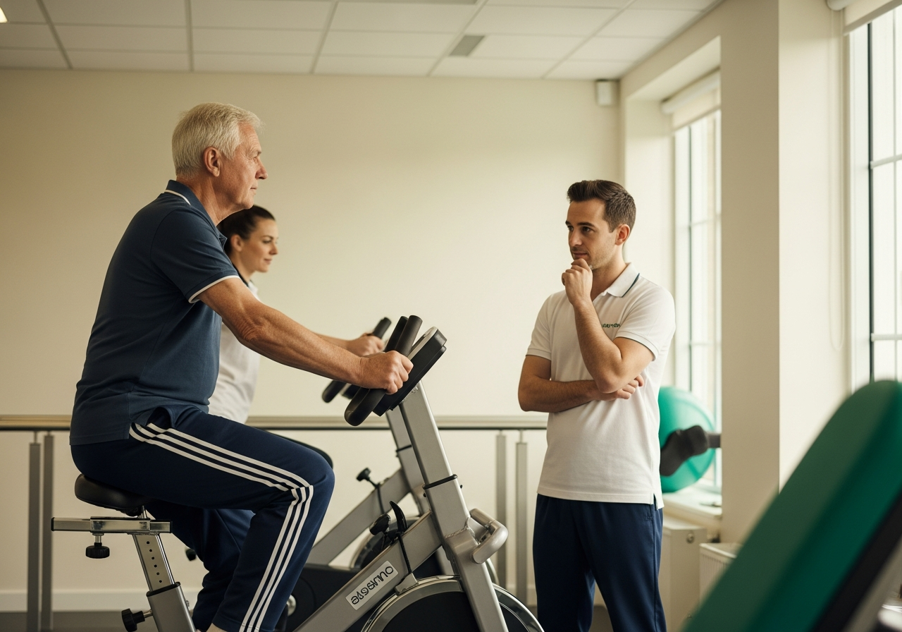 Patient adulte en phase de réadaptation cardiaque pédalant sur un vélo ergométrique sous la surveillance d'un kinésithérapeute