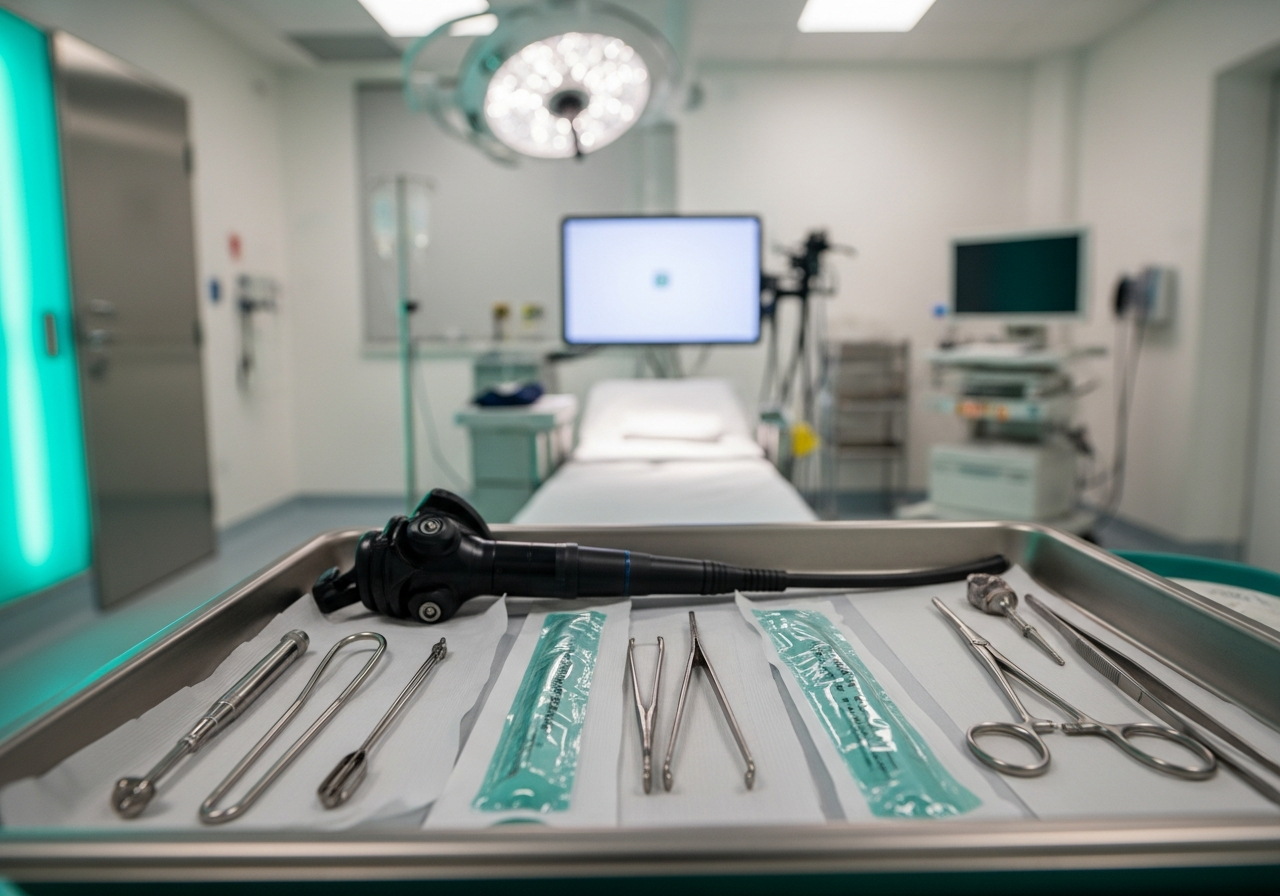 Salle d'examen endoscopique moderne, matériel de coloscopie préparé sur un plateau médical