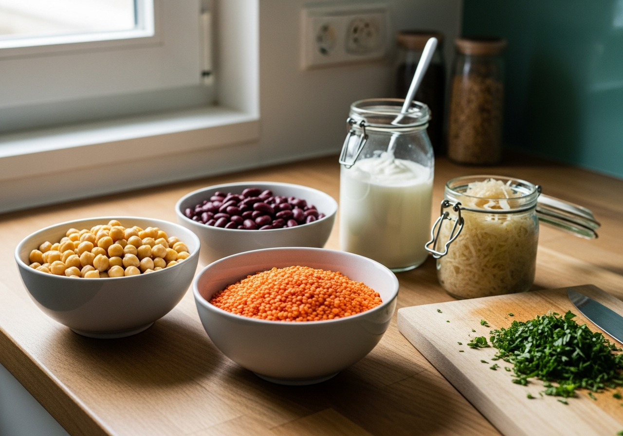 Préparation maison de légumineuses variées en cuisine : pois chiches, haricots rouges, lentilles corail