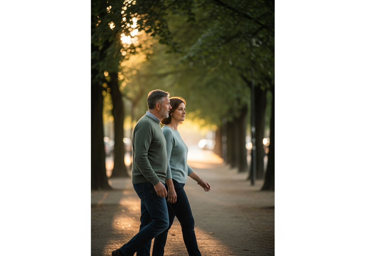 Couple adulte marchant tranquillement dans un parc après le déjeuner pour faciliter la digestion