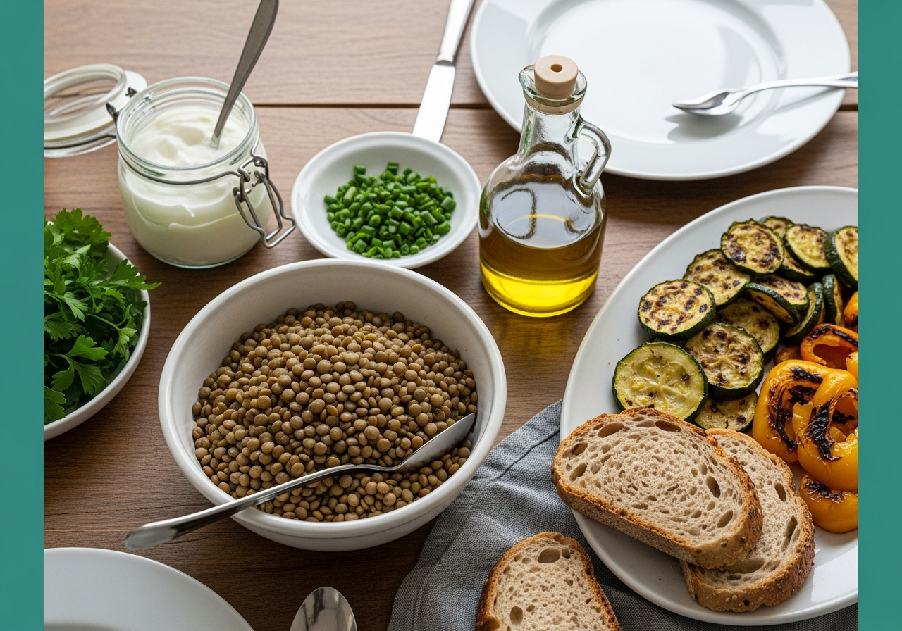 Table avec plats méditerranéens riches en fibres : bol de lentilles, légumes rôtis, pain complet, huile d'olive