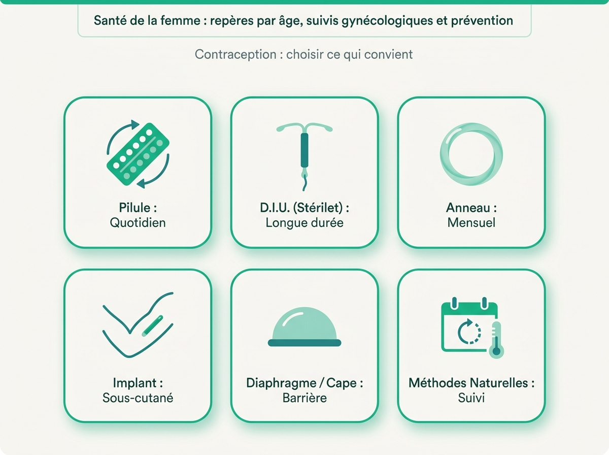 Infographie illustrant les points clés de la section « Contraception : choisir ce qui convient »