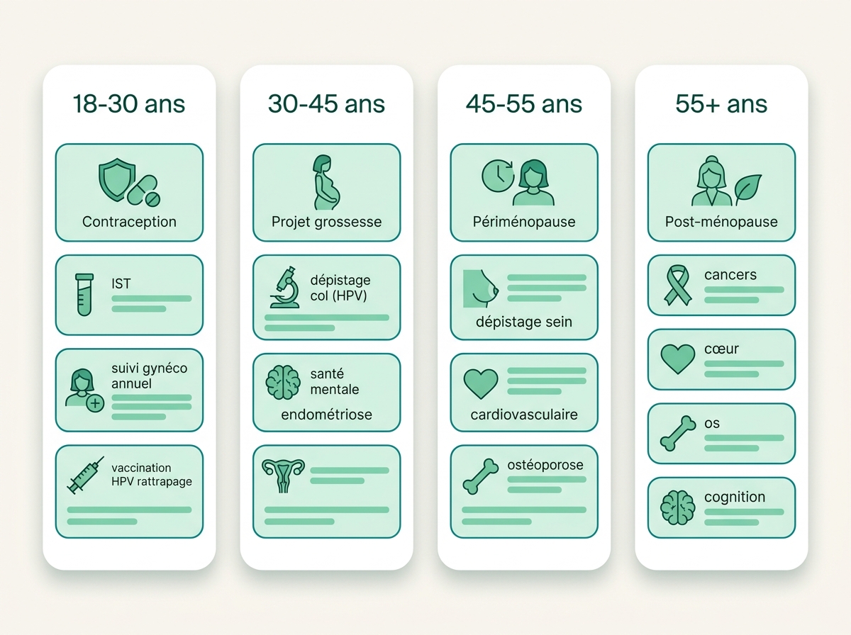 Repères de santé de la femme par grandes tranches d'âge : 18-30, 30-45, 45-55, 55+