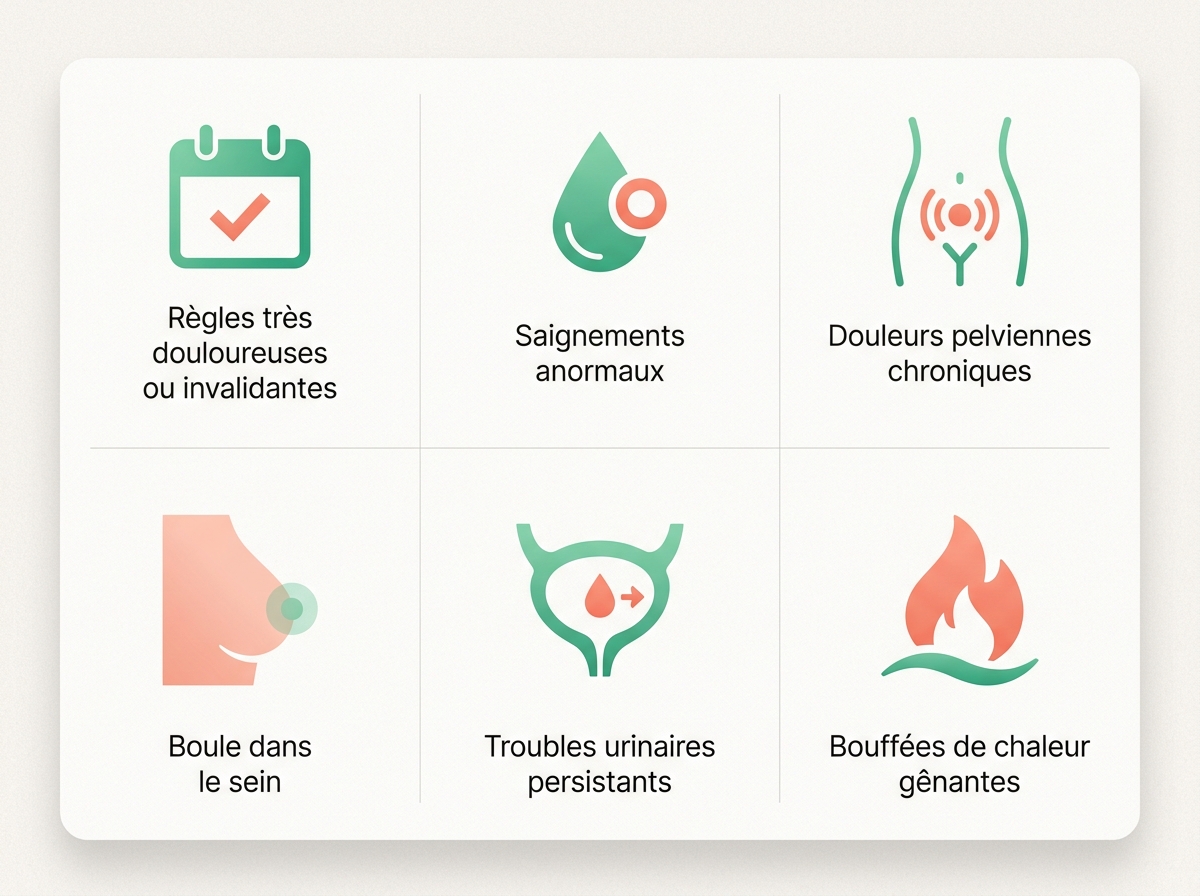 Signes qui doivent faire consulter sans attendre : douleurs pelviennes, règles invalidantes, saignements anormaux, boule dans le sein