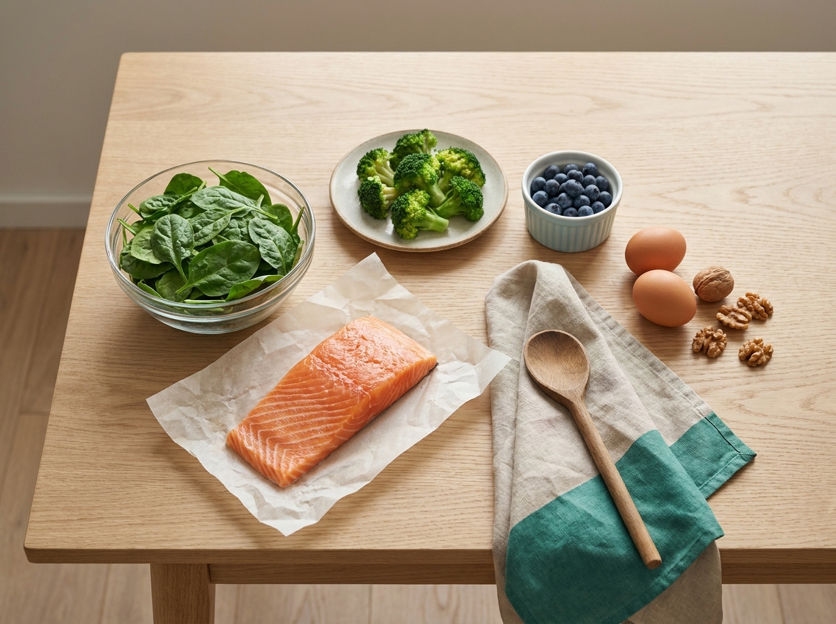 Assiette composée de saumon frais, épinards, brocoli, myrtilles et œufs — aliments riches en oméga-3, lutéine et zéaxanthine bénéfiques à la rétine