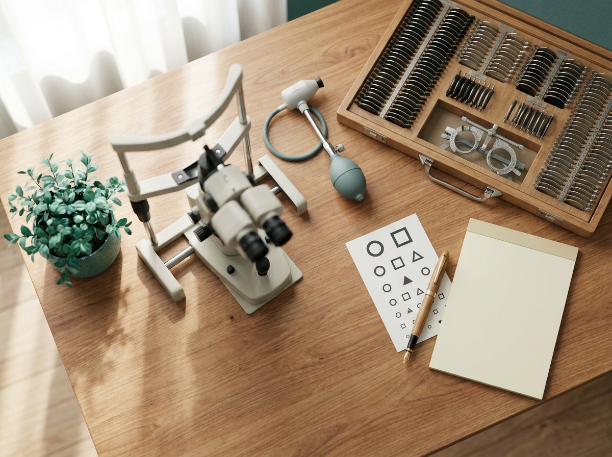 Bureau de consultation ophtalmologique avec lampe à fente, tonomètre à air, échelle optométrique et monture d'essai disposés sur un plan de travail en bois