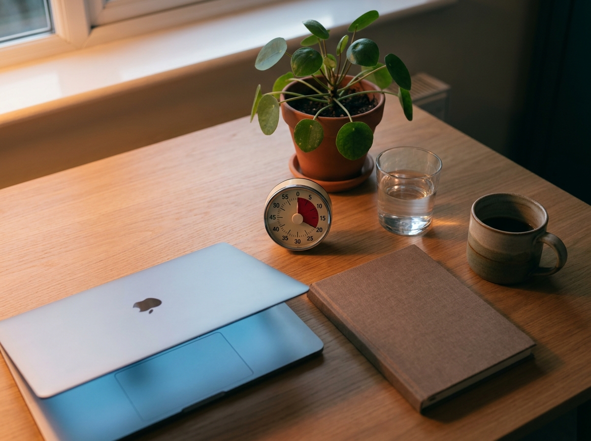 Bureau avec écran d'ordinateur portable éclairé, minuterie réglée sur 20 minutes, verre d'eau et plante verte — mise en scène de la règle 20-20-20