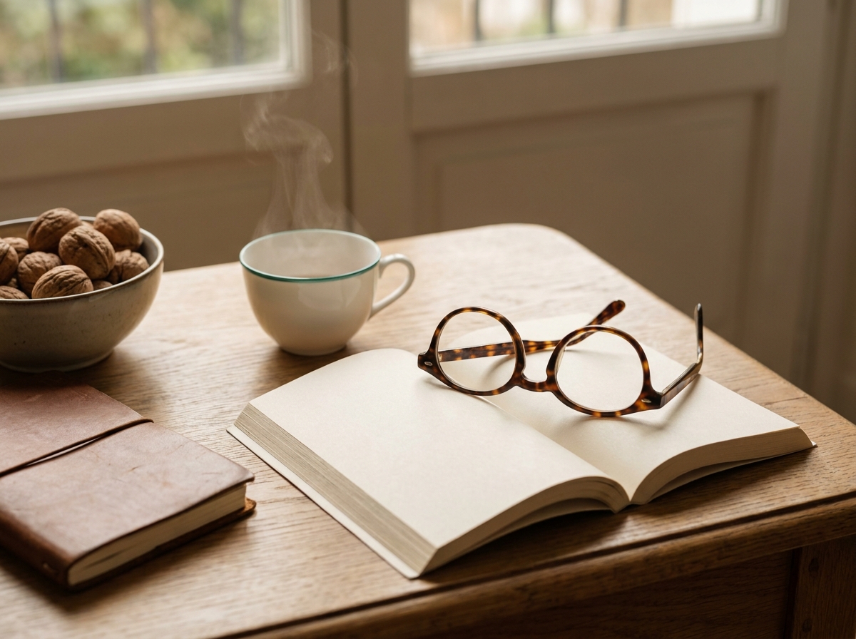 Paire de lunettes de lecture posée sur un livre ouvert avec une tasse de thé, lumière douce de fin d'après-midi sur une table en bois
