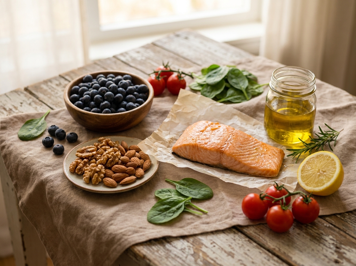 Assiette riche en légumes colorés, baies, poisson gras et huile d'olive — régime méditerranéen bénéfique pour la fonction pulmonaire