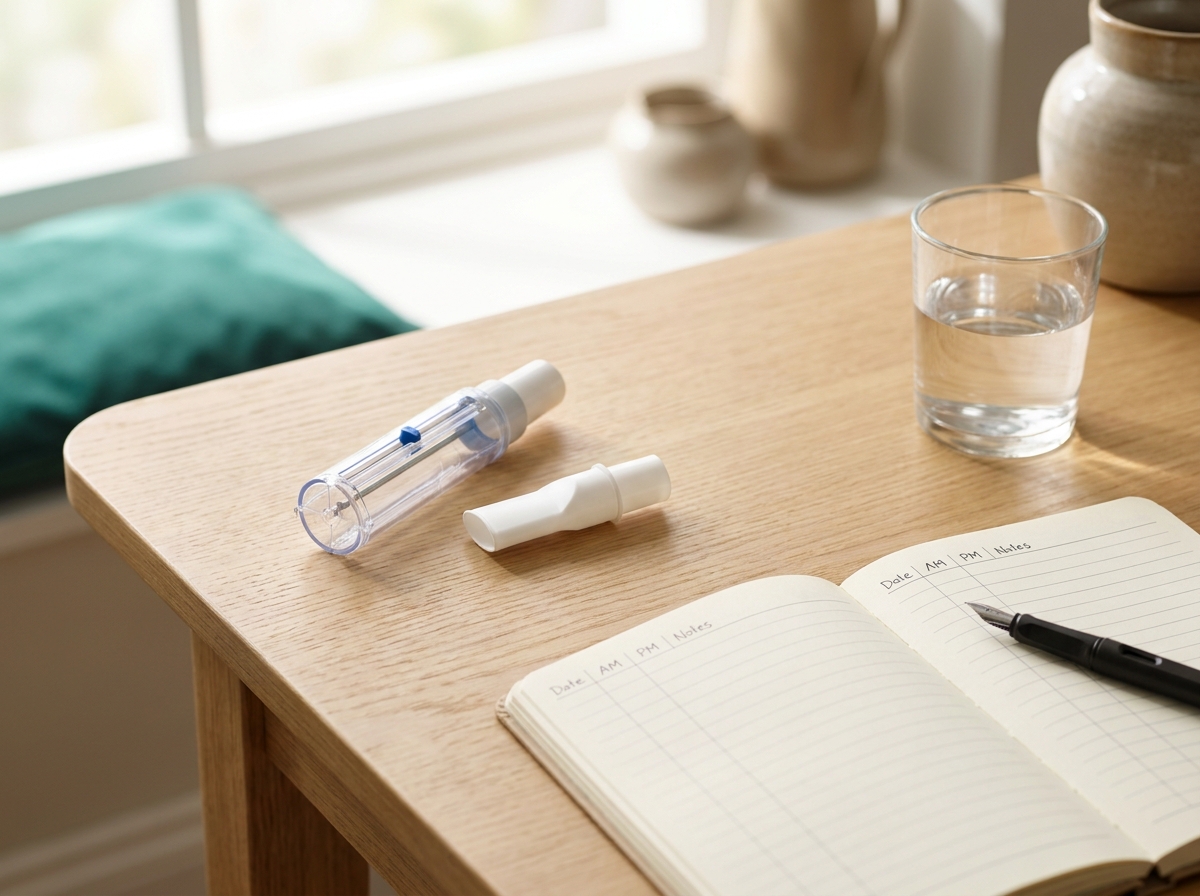 Débitmètre de pointe en plastique avec embout jetable, carnet d'autosurveillance ouvert et stylo dans une ambiance de salle à manger lumineuse