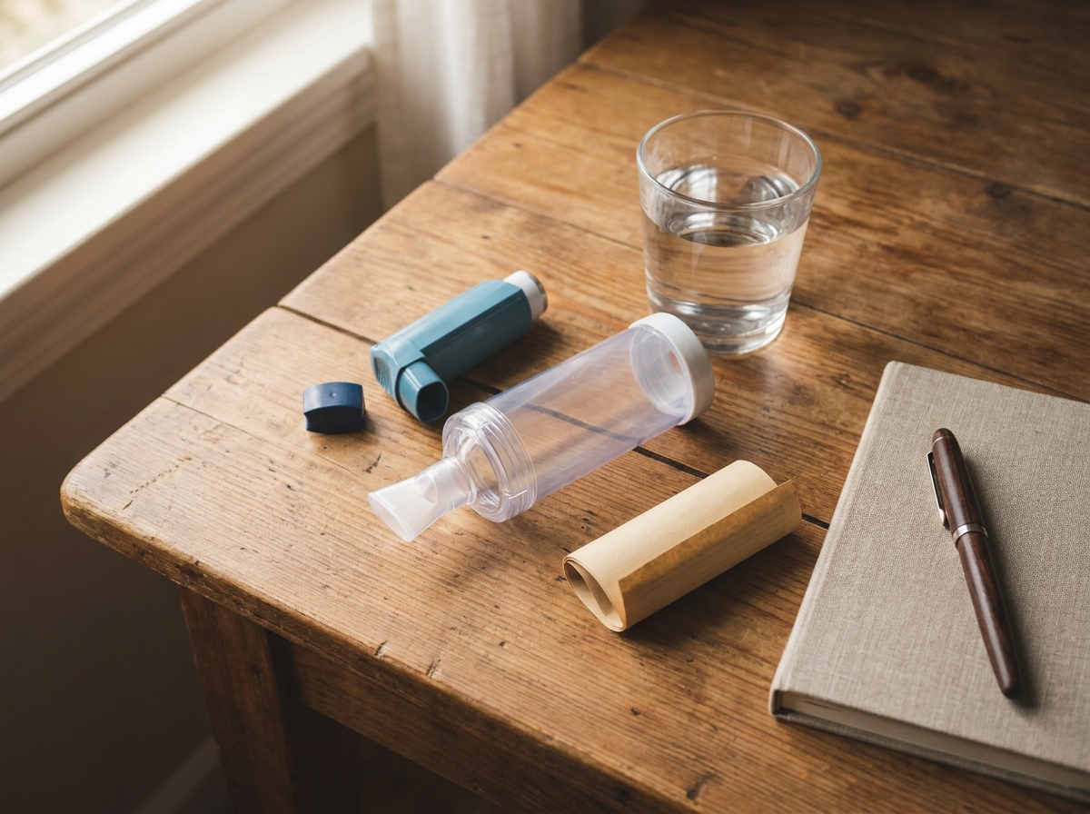 Aérosol-doseur bronchodilatateur avec chambre d'inhalation et masque pédiatrique, embout jetable et mode d'emploi sur une table de cuisine