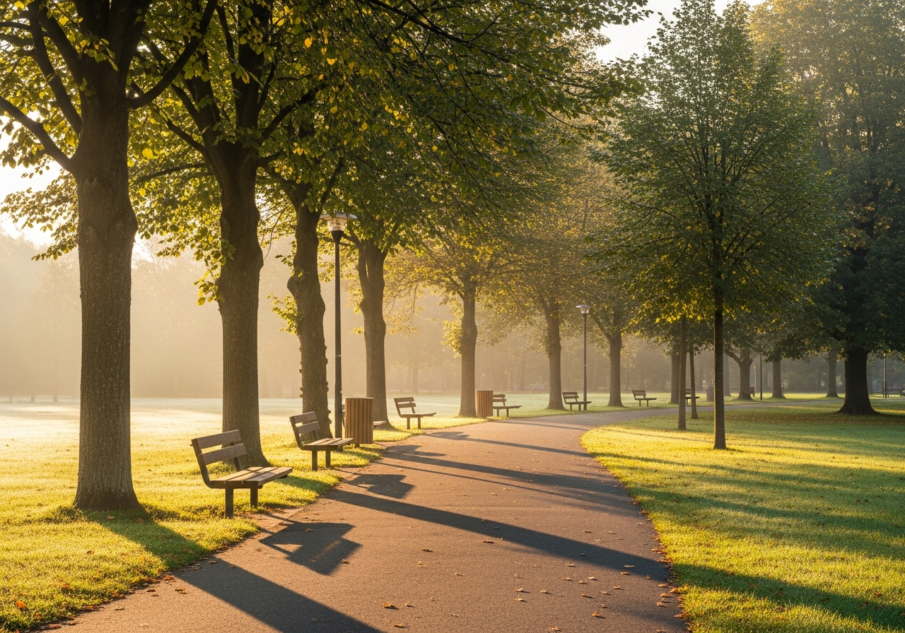 Sentier de promenade calme dans un parc urbain avec bancs, arbres matures et lumière matinale — cadre de réadaptation respiratoire à l'extérieur