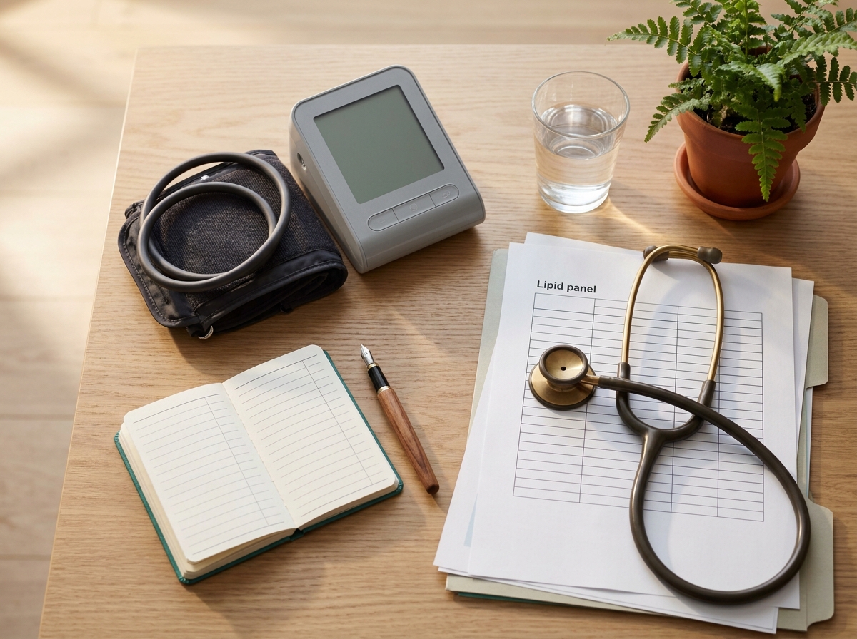 Bureau de consultation cardiologique avec tensiomètre automatique à brassard, bilan lipidique imprimé, stéthoscope et carnet d'automesure disposés sur un bureau en bois