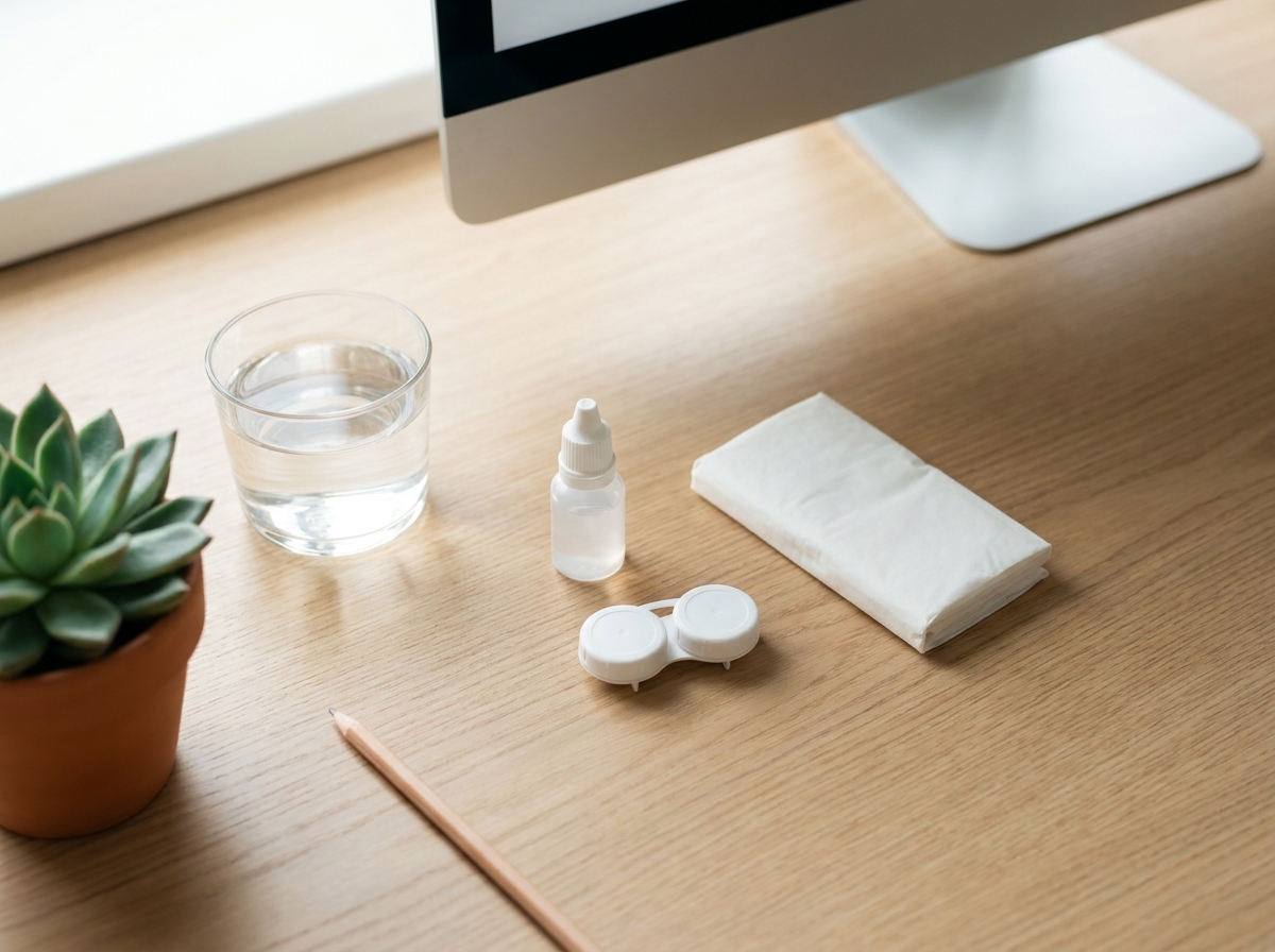Vue en plongée d'un poste de travail ergonomique : flacon de larmes artificielles, étui à lentilles fermé, mouchoirs en papier, verre d'eau, lampe de bureau et écran d'ordinateur flou en arrière-plan